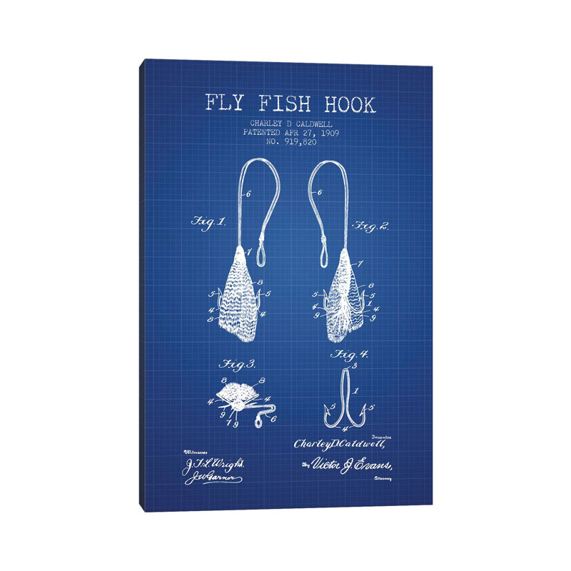 Charley D. Caldwell Fly Fish Hook Patent Sketch (Blue Grid) by Aged Pixel - Wrapped Canvas Print