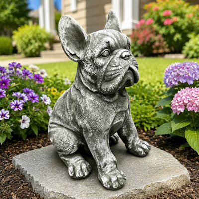 Statue de bouledogue français d'extérieur résistant aux intempéries, sculpture de chien en résine au fini pierre rustique, ornement décoratif pour le jardin, la cour, le patio, la pelouse et la cour arrière
