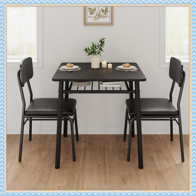 Ensemble de table de salle à manger 3 pièces pour 2 personnes avec support de rangement - table de cuisine moderne compacte et 2 chaises rembourrées, plateau en bois et structure en métal pour petit appartement, coin-repas ou salle à manger