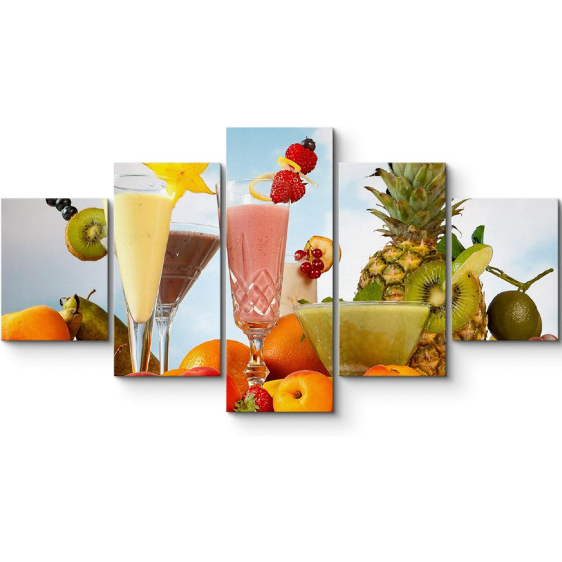«Vibrant Multicolor Tropical Fruit Juice Kitchen Decor Modern Large Canvas», reproduction d'art sur toile 5 pièces