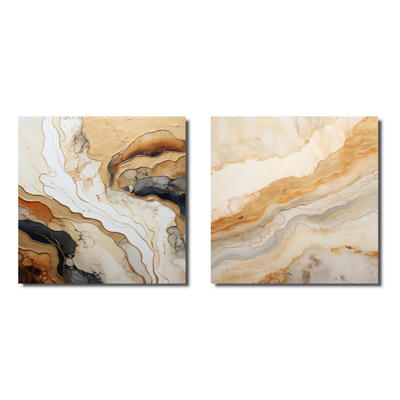 Or et blanc Marble River - ensemble de 2 collages carrés abstraits en marbre, Toile tendue, H 36 po x l 73 po