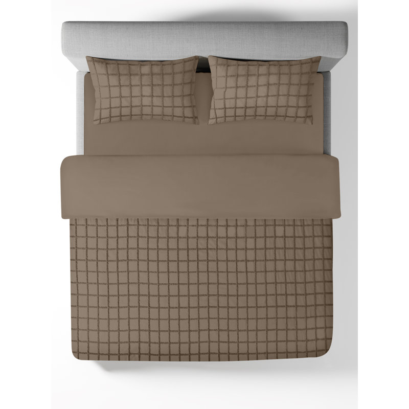 Ensemble de housse de couette en coton moka brodé P / Kaufmann Home, Queen Duvet Cover + 2 Standard Shams, Brown Geomatric