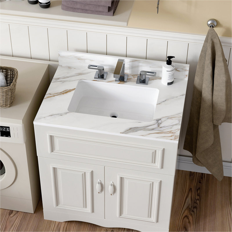 Comptoir de meuble-lavabo en marbre 31 po, comptoir de salle de bain avec lavabo central encastré rectangulaire et dosseret de 4 po de hauteur, comptoir pré-percé de 8 po à trou de robinet, blanc de Carrare avec veines