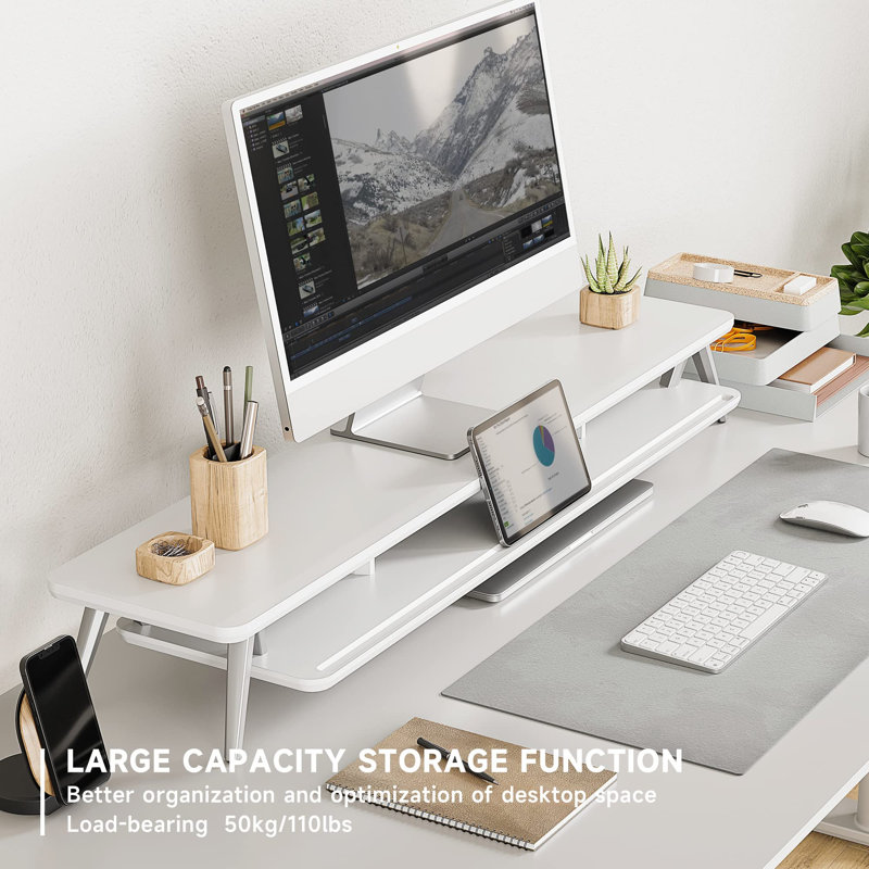 Modern Wood Monitor Stand Riser White 2 Tiers With Storage Organizer And Cable Management For 2 Monitors