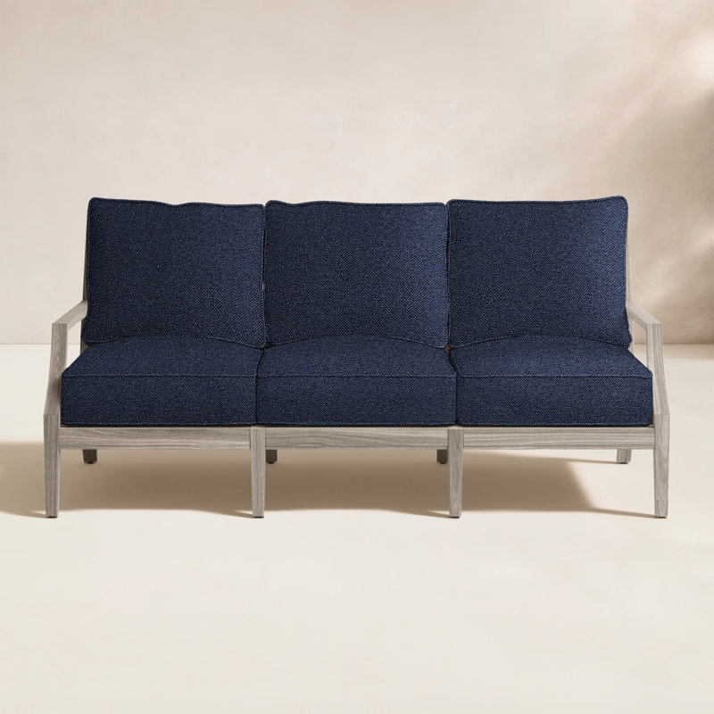 Haley Teak Patio Sofa with Cushions, Intermix Indigo, Oyster Teak, Welt + Standard fill