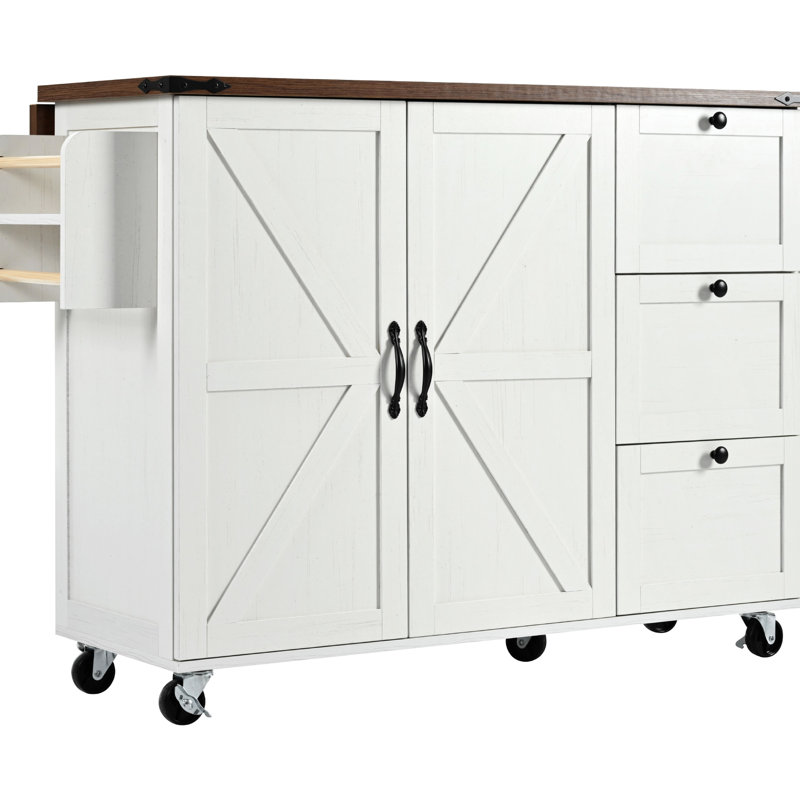 Kitchen Island With Internal Storage And Outlet - 54.5" White Rolling Cart For A Modern Look Storage, Power Supply, Wheels, Drop Leaf, Enchanting Dining Room