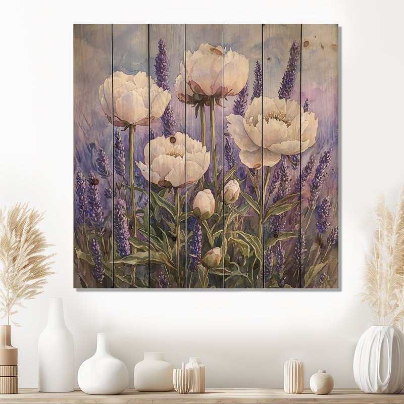 Pivoines dans le champ de lavande II - Décoration murale en bois de pivoines - sur bois de pin naturel