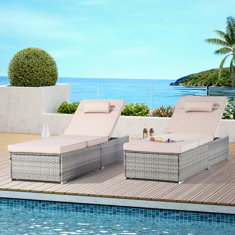 Outdoor Wicker Chaise Lounge Set of 2, Dark Blue, Light Gray