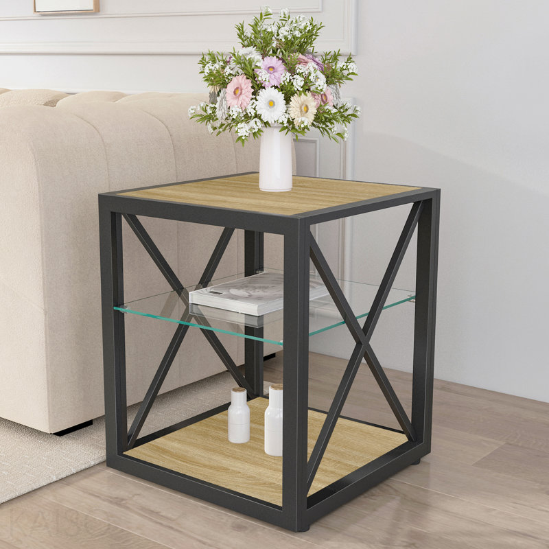 Table de chevet moderne 1 pièce pour chambre à coucher et salon, plateau en panneau de fibres à densité moyenne en bois trempé et en bois naturel - Table d'appoint de style industriel