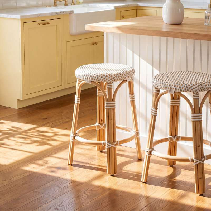 Alastair 18" Rattan Dining Short Stool - Glossy White/ Natural Rattan Frame, Glossy White/Natural Rattan Frame
