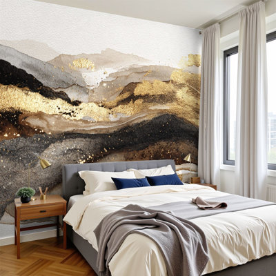 Papier peint auto-adhésif nature brun doré beige granit bohème abstrait avec éclaboussures de peinture au pinceau noir H 100 po x l 144 po Papier mural amovible en PVC auto-adhésif pour le salon de la chambre Bureau à domicile