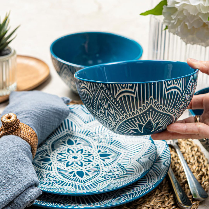 12-Piece Blue Floral Ceramic Dinnerware Set for 4