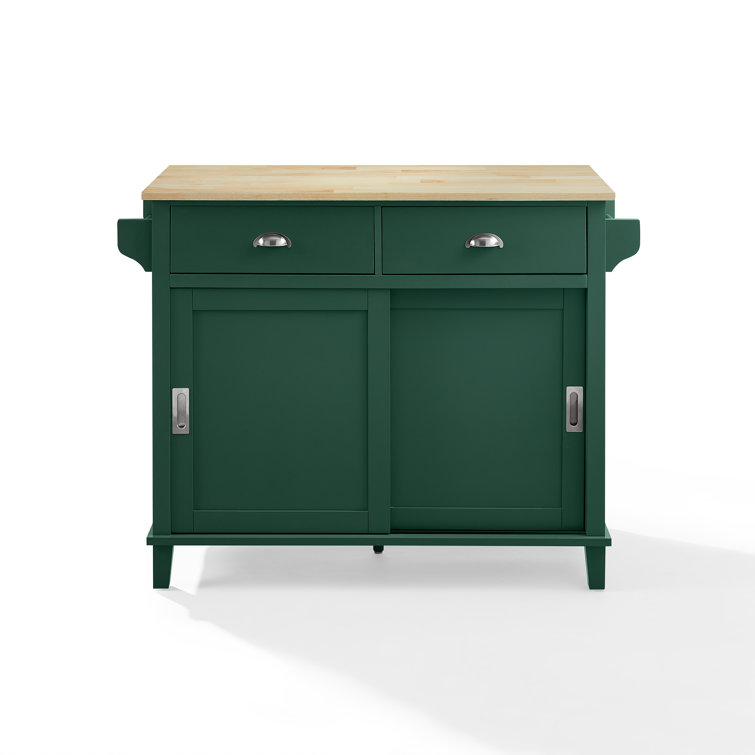 Mint Green Rubber Wood Top 52.2 in. W Kitchen Island on 4-Wheels with Sliding Barn Door and 2-Drawers