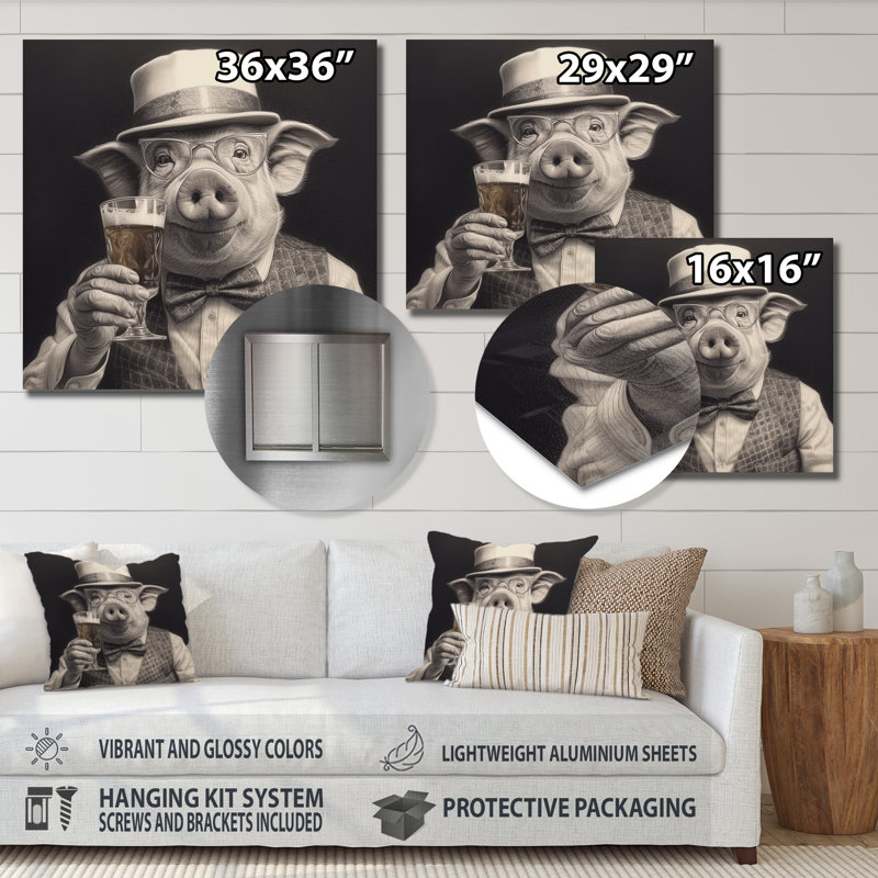 Cochon ayant une boisson I - décoration murale animaux en métal, H 29 po x l 29 po x P 1 po