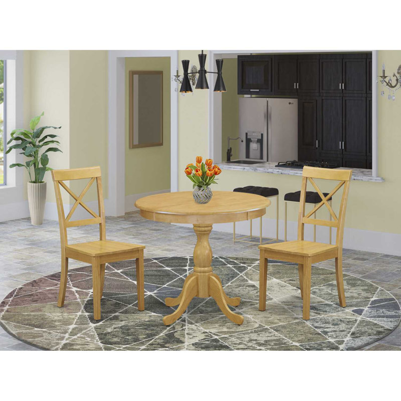 L'ensemble de 3 tables de salle à manger modernes comprend une table ronde en bois avec piédestal et 2 chaises de cuisine en tissu de lin, 42 x 42 pouces, lin blanc