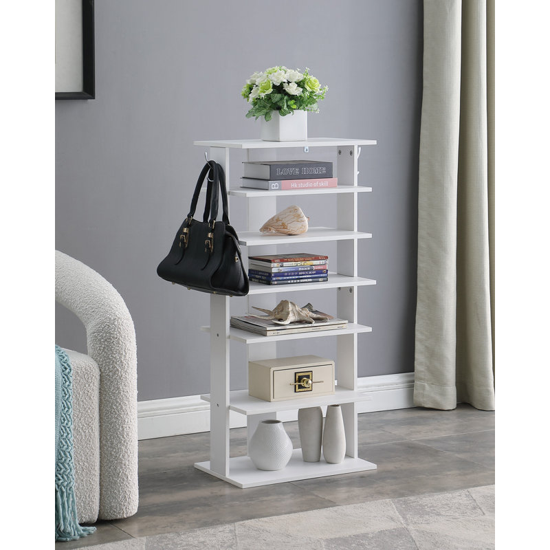 7-Tier Vertical Shoe Rack with Hooks, White