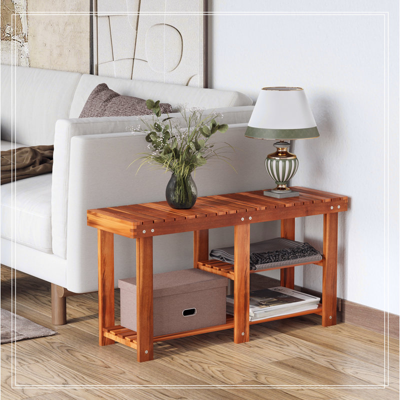 Étagère à chaussures à 3 niveaux, range-chaussures en bois d'acacia, banc d'entrée rustique avec tablettes de rangement