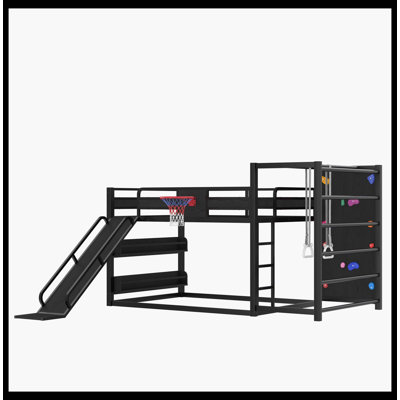 Full Size Metal Loft Bed With Basketball Hoop, Pull-Up Rings, Climbing Wall, And Built-In Bookshelves. Playful Children's Design Featuring A Slide,Black