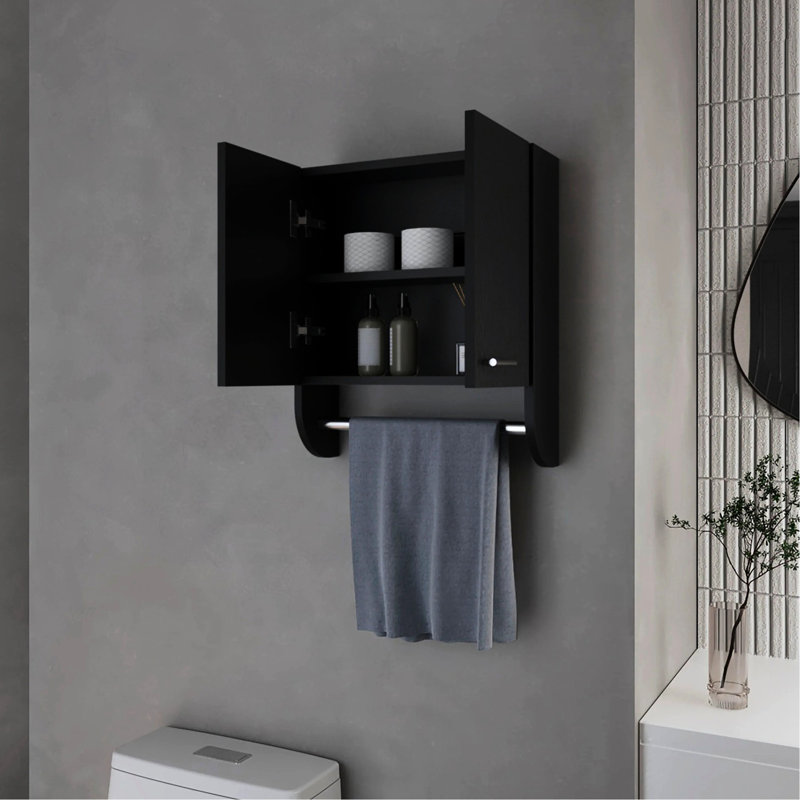 Armoire de rangement de salle de bain moderne noire avec barre à serviettes - ajoute de l'élégance à