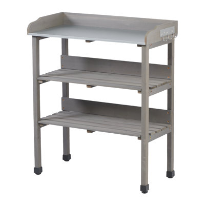 30.5 Inch Potting Bench Solid Wood, 3 Tier Metal Top Workstation With Hooks And Adjustable Feet For Garage