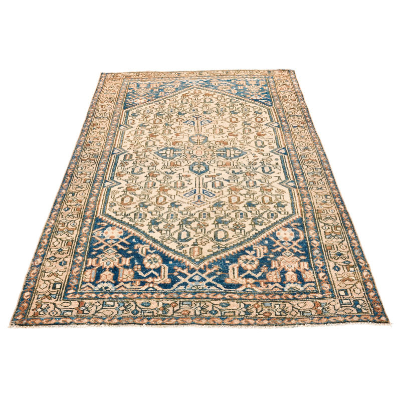 Vintage Handmade 4X7 Blue And Beige Anatolian Turkish Oushak Distressed Area Rug