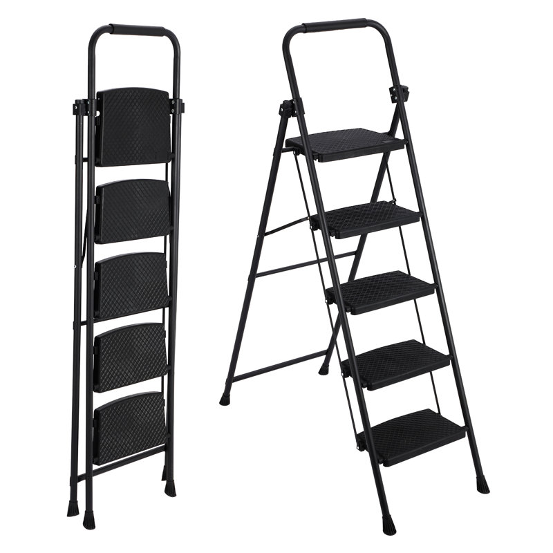 Échelle à 5 marches, escabeau pliant en acier, échelle portative avec pédales larges antidérapantes, conception durable à verrouillage sécuritaire pour une utilisation polyvalente - noir