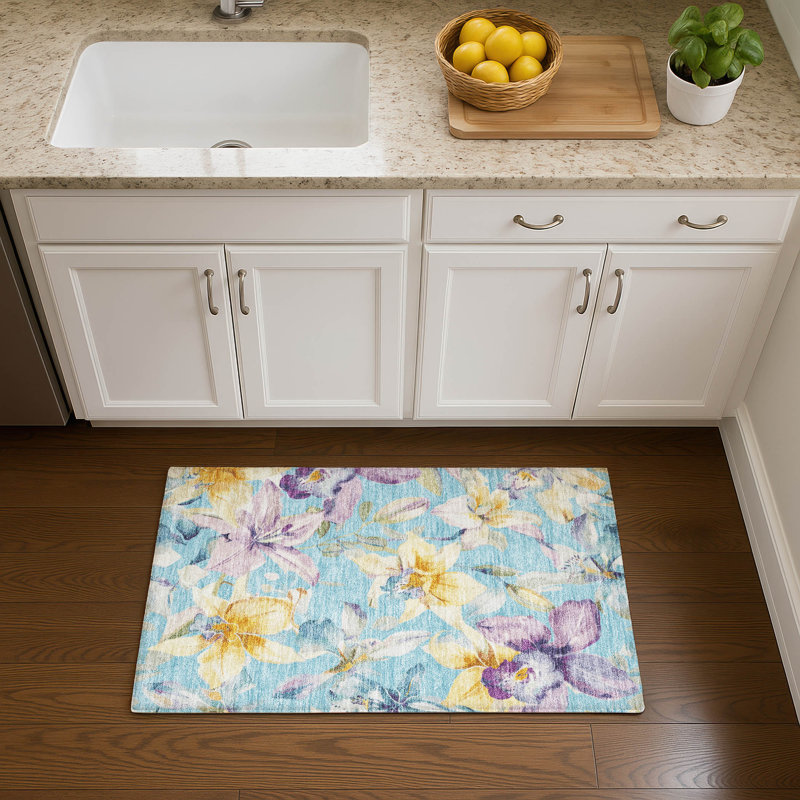 Premium Machine Washable Mayfield AMF2262 Floral Rug, Aqua, 1'8" x 2'6"