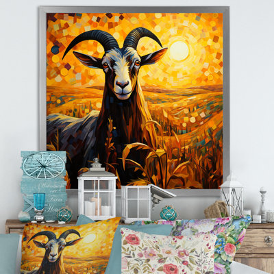 Coucher de soleil jaune, prairie, chèvre, art mural