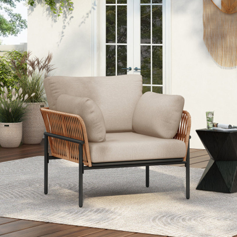 Méridienne de 36 po en fer et corde de ton beige avec coussins, parfaite pour les espaces naturels et modernes