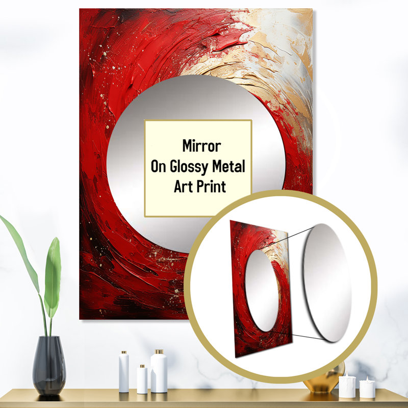 Raddy rouge et or fantaisiste tourbillon spirale - abstrait spirales miroir, miroir mural décoratif rouge, art imprimé en métal