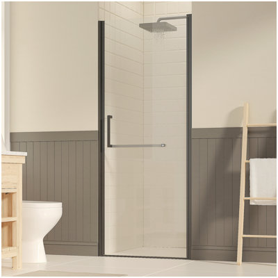 Porte de douche pivotante sans cadre de l 29 à 30 po x H 72 po, portes de verre pivotantes avec verre trempé transparent de 1/4 po (6 mm), film antidéflagrant, installation réversible, noir mat