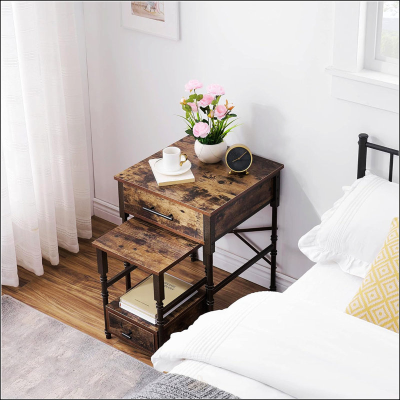 Tables de bout gigognes avec tiroirs, structure en métal et plateau en bois, petites et grandes tables d'appoint empilables pour le salon, la chambre à coucher et le canapé (brun)