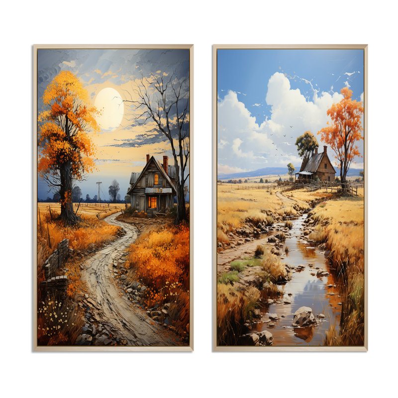 Farmhouse Patterns Pointillism - ensemble de 2 reproductions, Encadrement brun, H 20 po x l 24 po