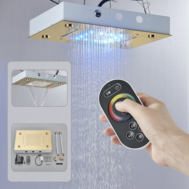 Pomme de douche à DEL de luxe à fixation au plafond haute pression, Or brossé