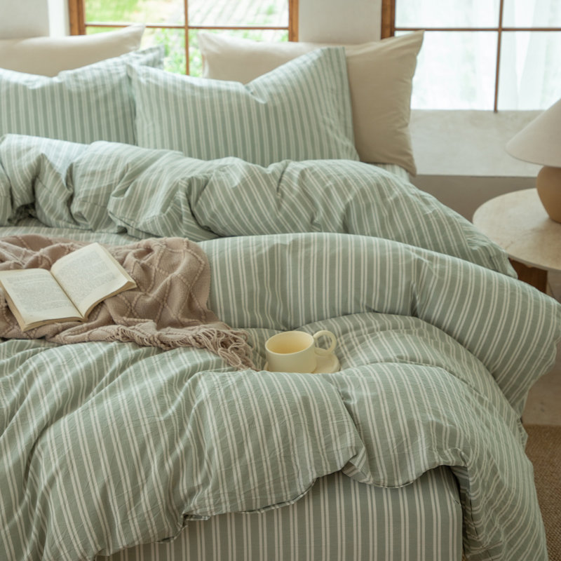 DONEUS Striped Duvet Cover Set 100% Washed Cotton Linen Like Soft Feelling Breathable Bedding, Sage Green/White
