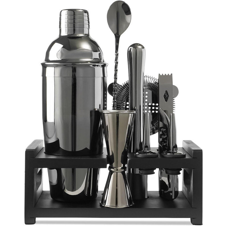 Ensemble barman Mixology: ensemble de bar à cocktail avec shaker à martini, outils de bar et support en bambou noir | Ensemble de barman avec livre de recettes | Cadeau unique de pendaison de crémaillère (noir)