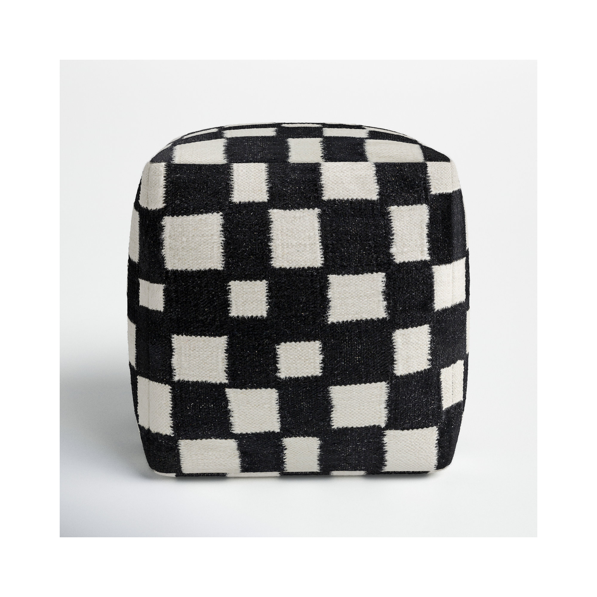 Gwennie Upholstered Pouf, Black/White Wool/Cotton Blend