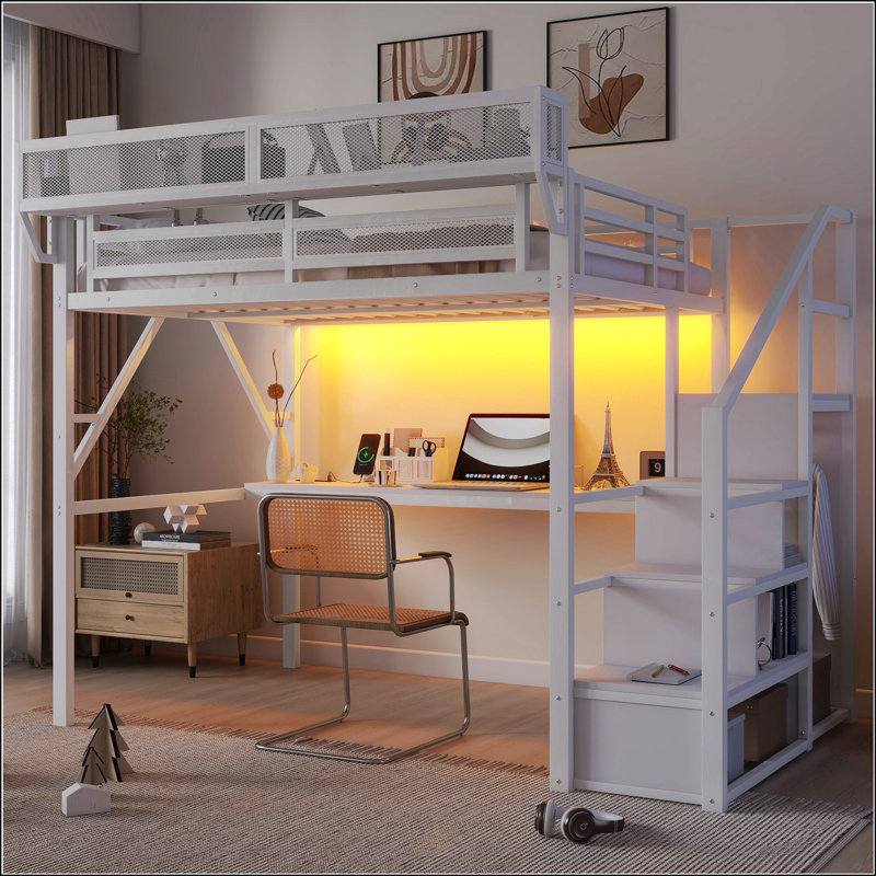 Lit mezzanine double avec bureau et station de charge, Double