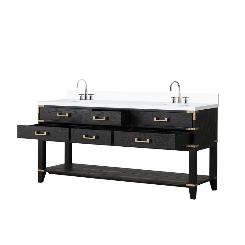 72 po De meuble-lavabo double en chêne noir avec un comptoir en quartz blanc scellé à la main, un robinet et quatre tiroirs pour le rangement et un meuble-lavabo double en chêne noir