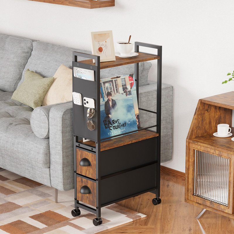 Rustic Narrow Side Table With 5 Storage Units, Slim Nightstand With Drawers, Shelves, And Pocket For Bedside Or Sofa, 7''D X 17''W X 35''H