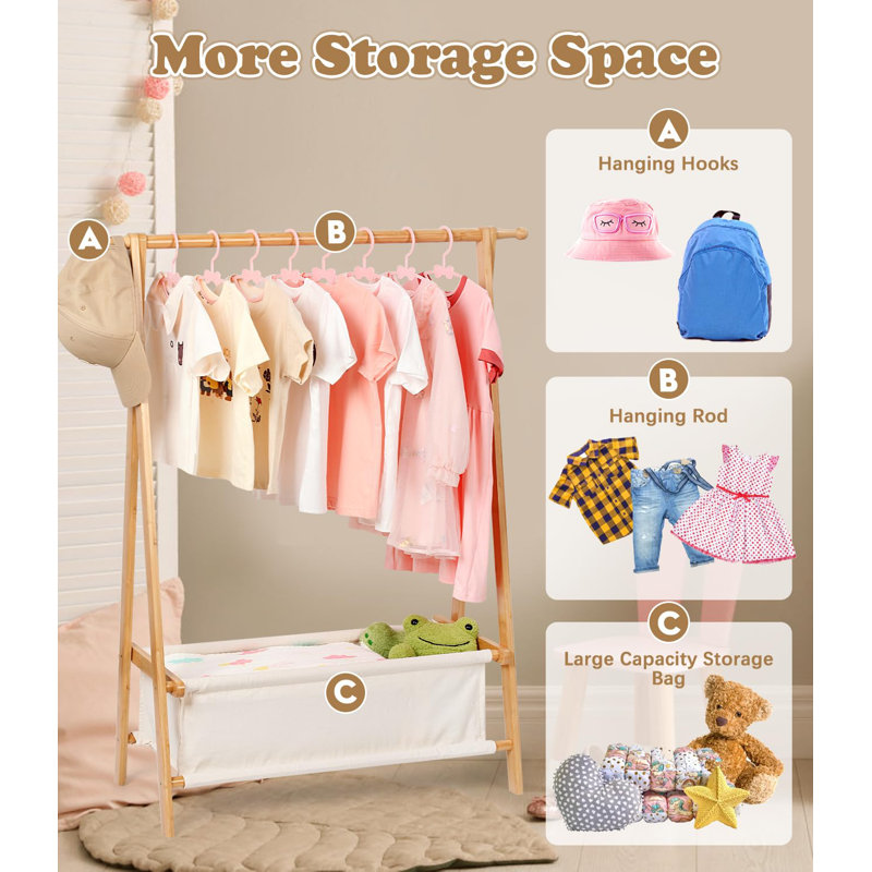 Kids Clothing Rack With Storage, Dress Up Rack, Child Clothes Rack,For Costume, Bamboo (Natural Color)