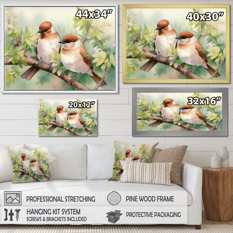 Oiseau sur toile, impression de jardin printanier, oiseaux du printemps IV, Cadre flottant doré, H 30 po x l 40 po x P 1,5 po