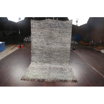 Tapis décoratif gris anthracite en laine noué à la main de conception unique 4 pi 11 po x 8 pi noué à la main New Age