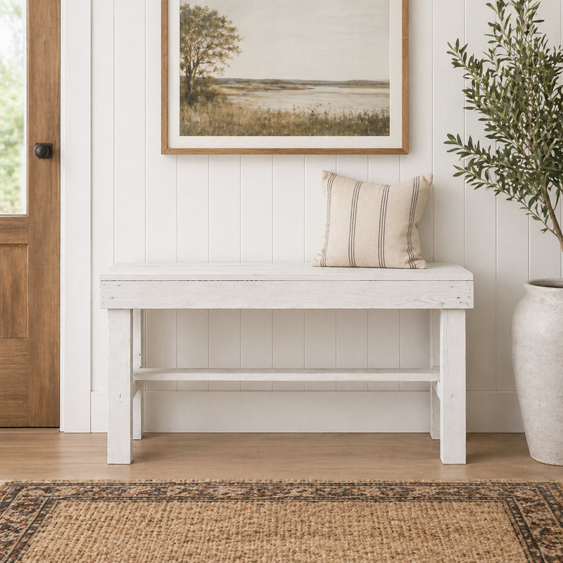 Banc de maison de campagne de style campagnard Janney, Blanc, H 19,5 po x l 35 po x P 12,5 po