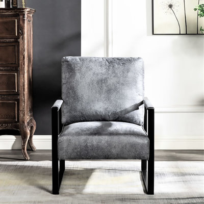 Fauteuil de style Mid-Century gris avec revêtement en microfibre tacheté, fauteuil décoratif pour salon avec structure en métal carrée, coussin de siège rembourré et épais, chambre à coucher, bureau à domicile