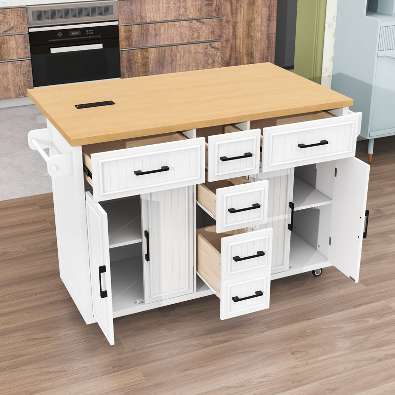 Farmhouse Kitchen Island Cart with Drop Leaf, Power Outlet, Adjustable Shelves, 5 Drawers on Wheels, White