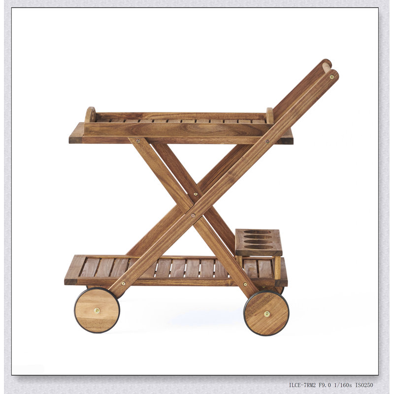 Chariot-bar Riviera en bois d'acacia durable, rangement spacieux et mobilité facile pour une réception élégante