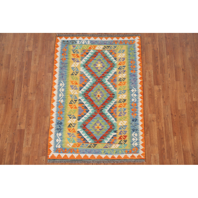 Tapis oriental multicolore en laine Kilim 4 x 5