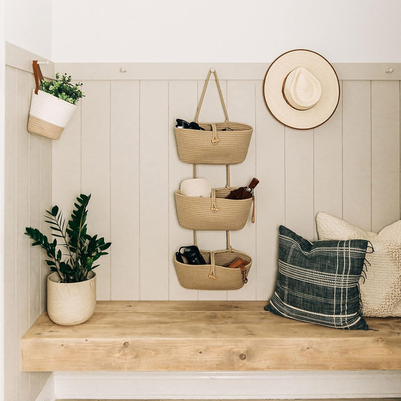 Hemp Wall Organizer with Wall Baskets, Beige