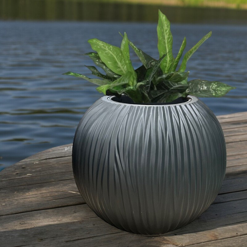 Black Round, Textured, Fiberstone Planter, Black